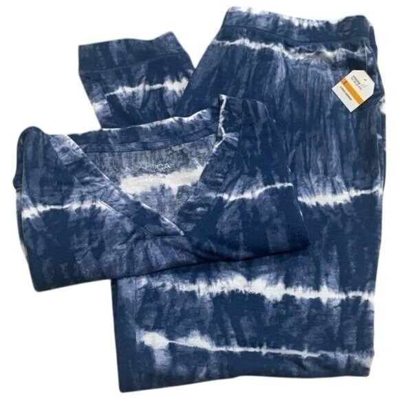 NEW Nautica Blue White Tie Dye Cozy Long Sleeve Jogger Pajama Set Holiday S - Picture 2 of 11